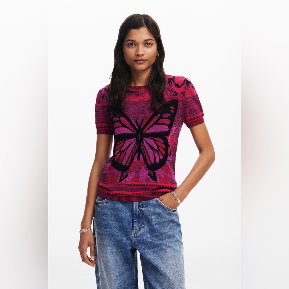 Desigual Fuchsia Butterfly Short-Sleeve Knit Top